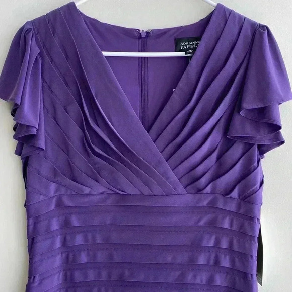 Adrianna Papell Purple Sheath Dress with Flutter Sleeves & Shutter Pleats - Picture 15 of 16